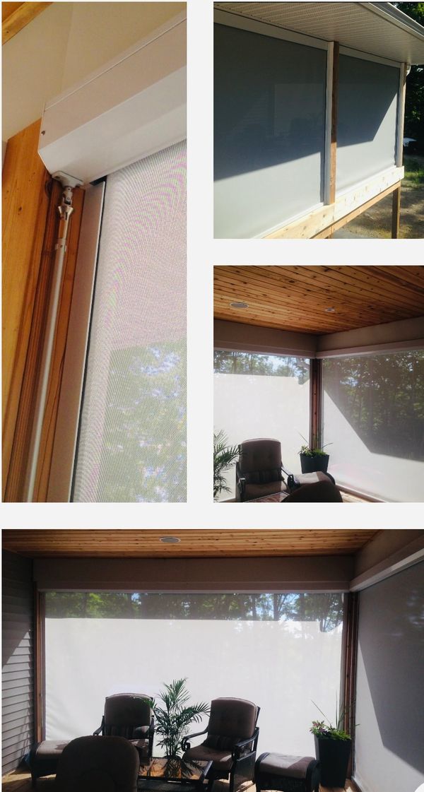 Outdoor and indoor roller shades providing sun protection and privacy.