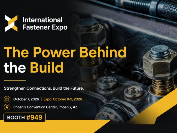 International Fastener Expo announcement with event details and booth number.