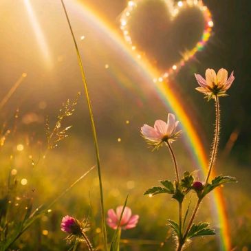 Flowers in sunlight with a rainbow and heart-shaped light.
