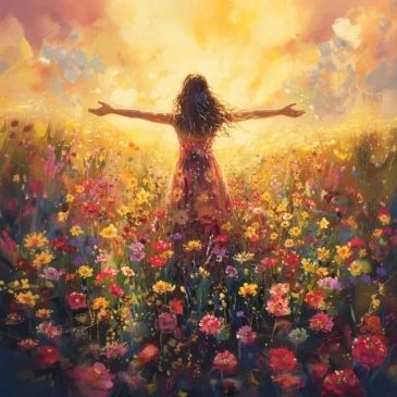 Woman standing with open arms in a vibrant flower field at sunrise.