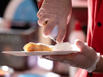 French sweet crepe with peanut butter and strawberry jelly.