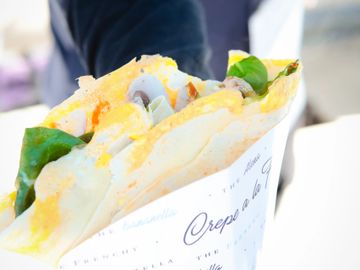 French savory crepe with signature cheese, mushroom, spinach, tomato, olive & onions.