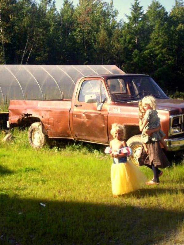 Two children near an old brown pickup truck in a grassy area with trees.