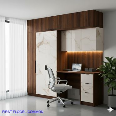 Modern workspace with wooden and marble cabinets, gray office chair, and natural light.