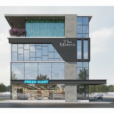 Modern multi-story building with a Fresh Mart store on the ground floor and The Materix sign above.