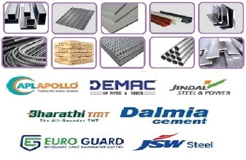 Collage of construction materials and logos of related companies.