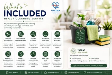 Comprehensive cleaning services with extras and eco-friendly options by Unicorn Healthcare.