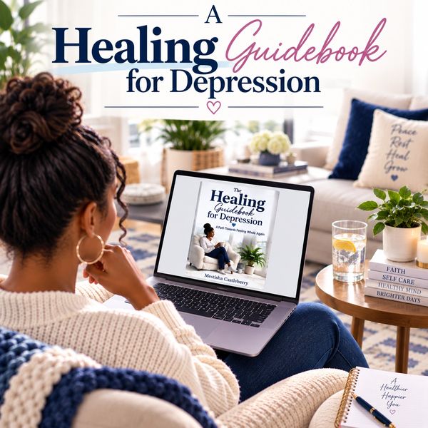 Woman reading "A Healing Guidebook for Depression" on laptop.