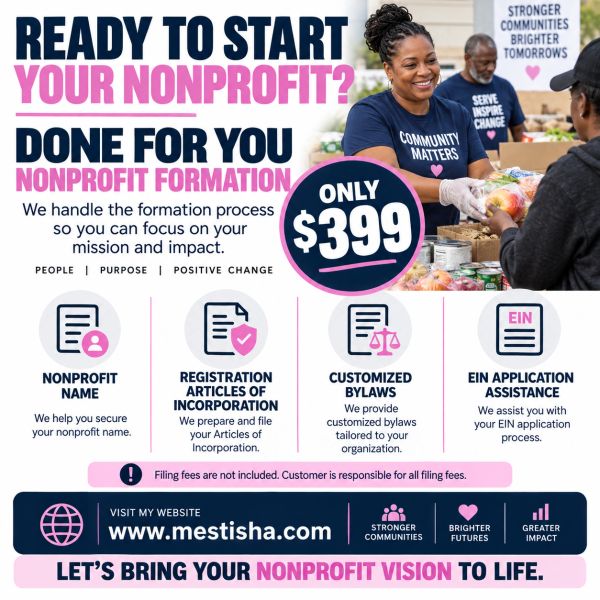 Nonprofit formation service for $399 with done-for-you assistance.