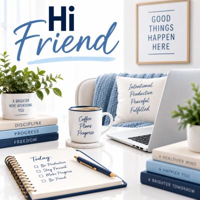 A cozy and motivational workspace setup with positive quotes and a notebook.