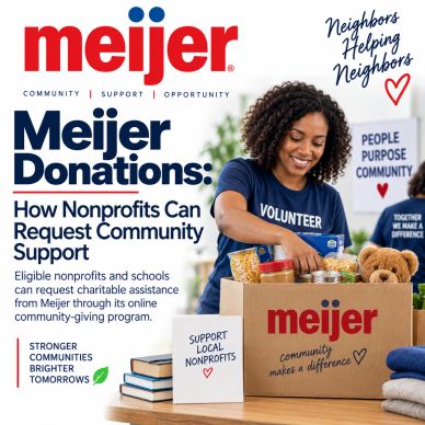 Volunteer packing donations for Meijer community support program.