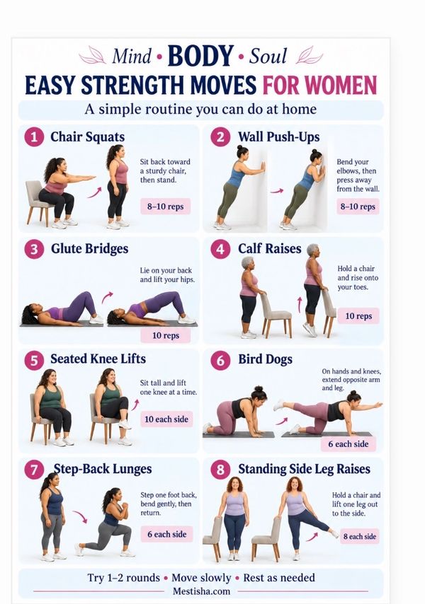 Easy strength moves for women at home focusing on body and soul.
