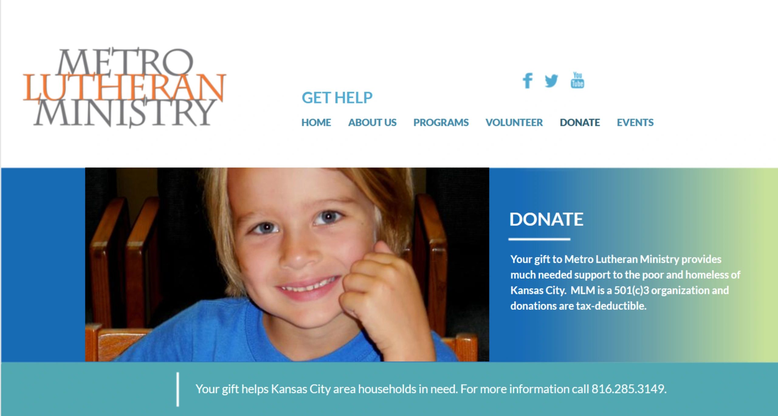 Metro Lutheran Ministry website promoting donations to help Kansas City families.