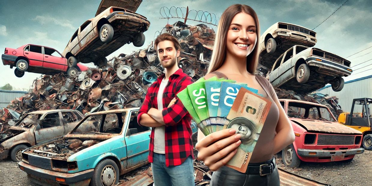 A junkyard featuring a smiling woman holding Canadian dollar bills next to rusted scrap cars.