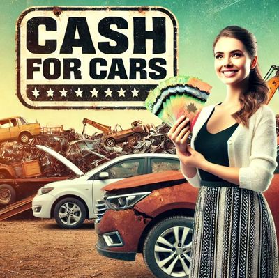 A pretty woman stands next to a rusted scrap car, holding a wad of colorful Canadian dollar bills.