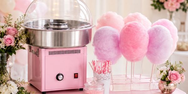 Pink cotton candy machine with pastel cotton candy and floral decorations.