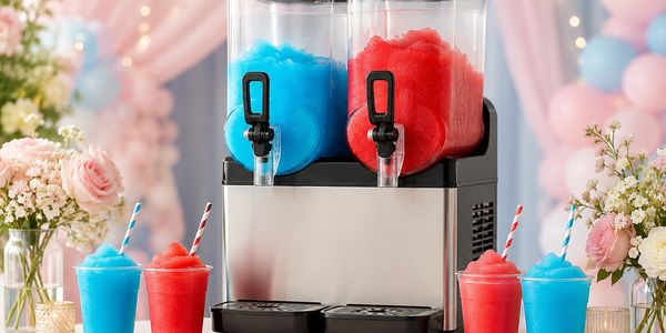 Colorful blue and red slushies in a dual dispenser with floral decorations.