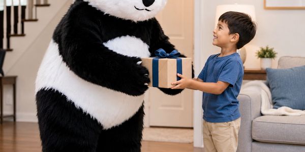 A child happily receives a gift from a person in a panda costume indoors.