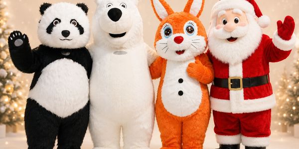 Four festive mascots including panda, polar bear, rabbit, and Santa Claus waving.