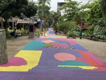 Parque Lleras after the remodel and fresh paint in 2021. Medellin, Colombia