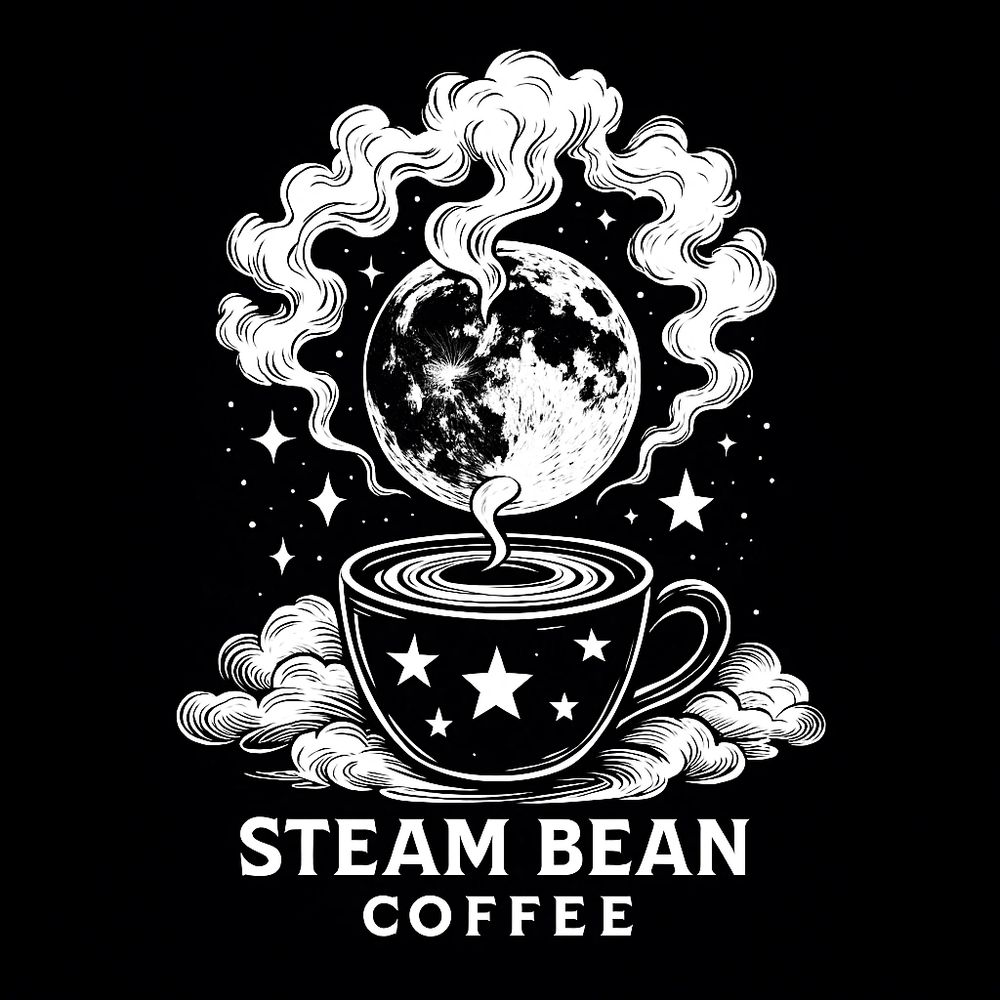 Monochrome coffee cup with steam forming a celestial moon and stars, labeled 'Steam Bean Coffee'.