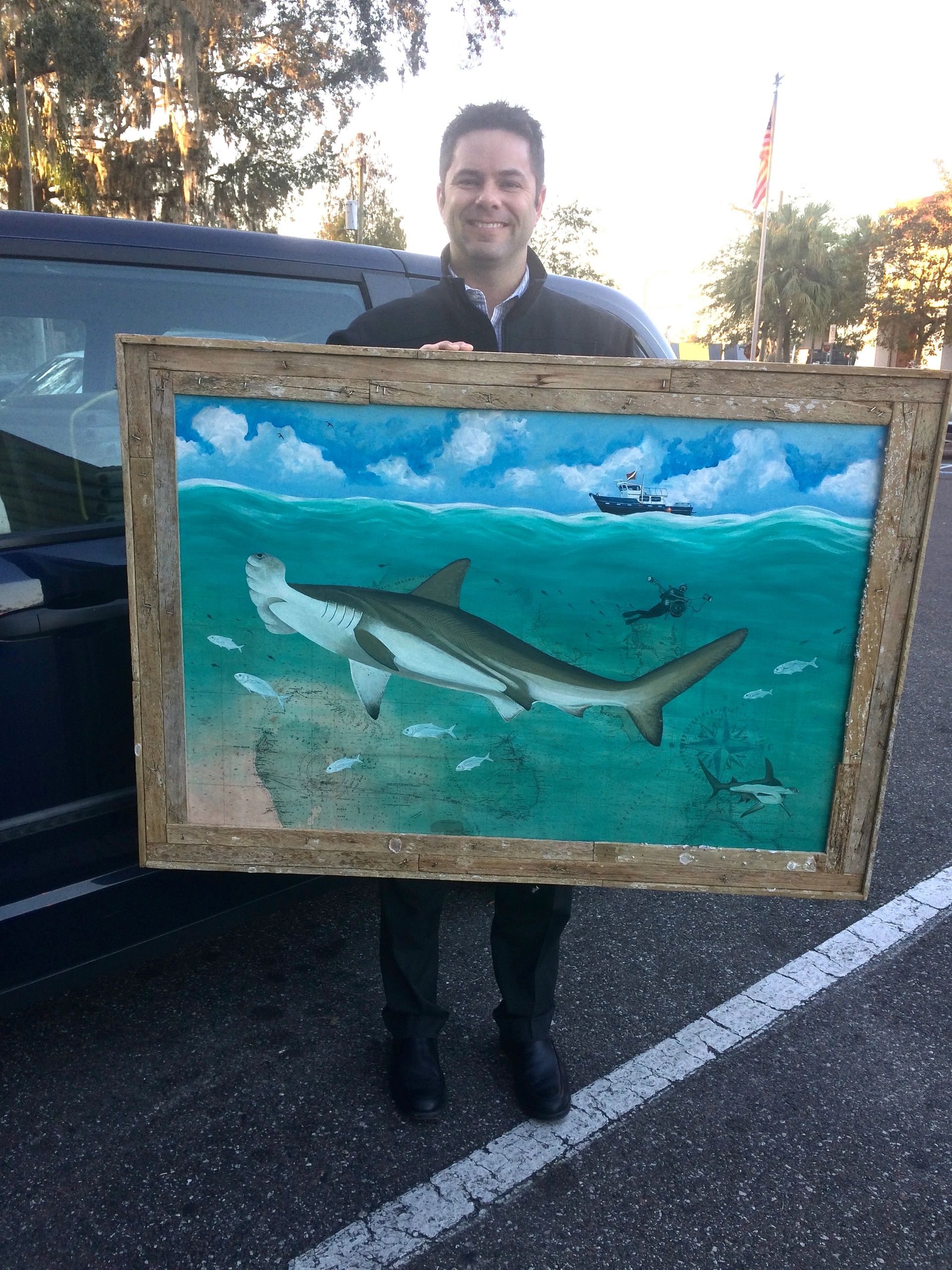 I created this custom piece to commemorate his shark diving adventures. 