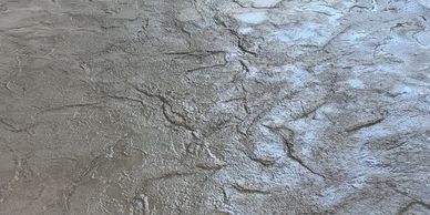 Freshly poured and textured concrete patio near a house wall.