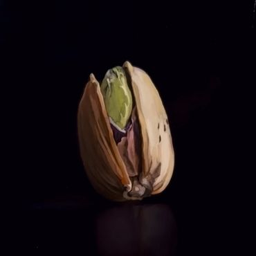 Realistic painting of a pistachio on a black background.