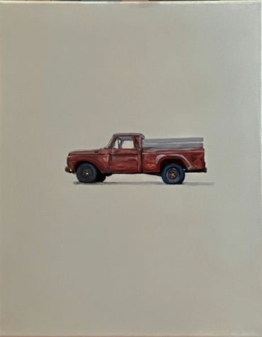 A detailed painting of an old red pickup truck on a plain background.