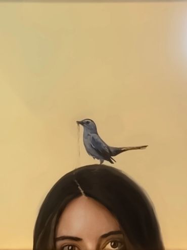 Painting of a woman peeking with a bird on her head.