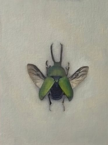 Realistic painting of a green beetle with wings spread on a canvas.