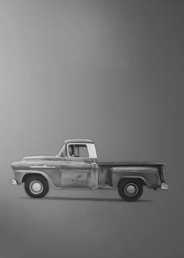 A grayscale painting of a vintage pickup truck on a plain background.
