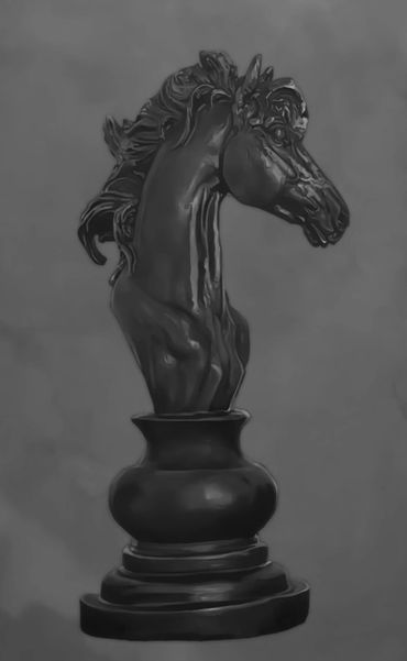 Black sculpture of a horse's head on a pedestal.