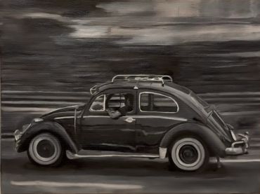 Black and white painting of a vintage Volkswagen Beetle on the road.