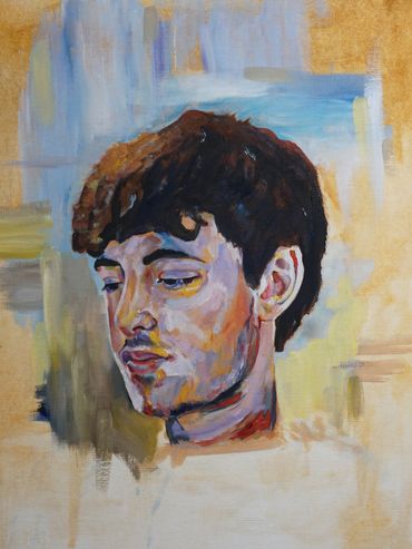 An expressive oil painting of a young man's contemplative face with colorful brushstrokes.
