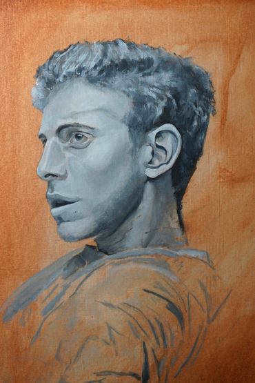 Monochromatic portrait of a man with curly hair on a textured brown background.