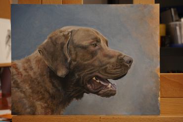 Realistic oil painting of a brown dog with detailed fur and expression.