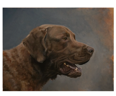 A realistic painting of a brown dog in profile with an open mouth.