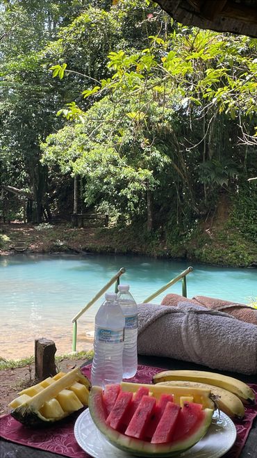 Fresh fruit and water by a serene blue lake surrounded by lush greenery.