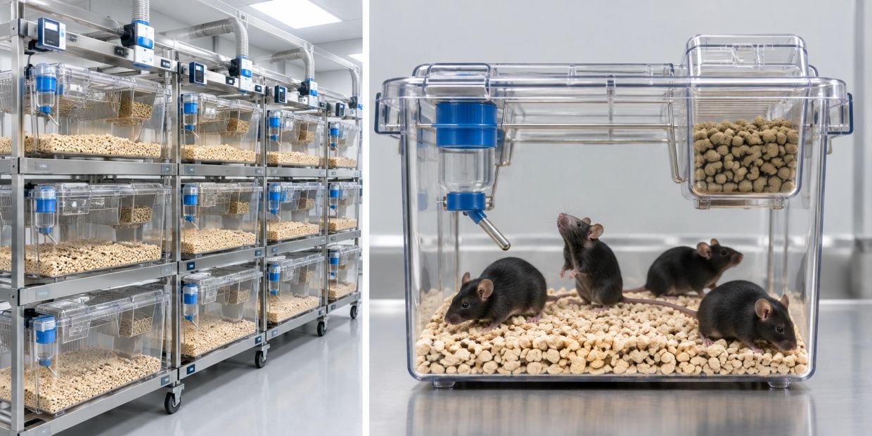 Laboratory mice in clear cages with food and water.
