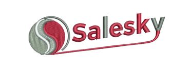 Embroidery logo of 'Salesky' with a yin-yang inspired design in red and gray.