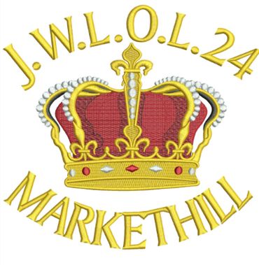 Embroidered crown with J.W.L.O.L.24 and Markethill text.