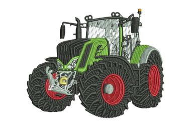 Embroidery design of a green and black tractor with red wheels.