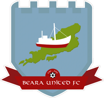 Logo of Beara United FC with a ship over a green island on a blue shield.