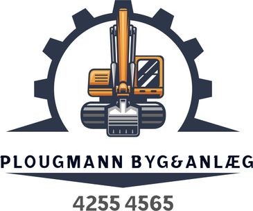 Logo of Plougmann Bygg & Anlæg with excavator and gear graphic.