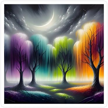 Surreal colorful trees under a crescent moon in a mystical forest.