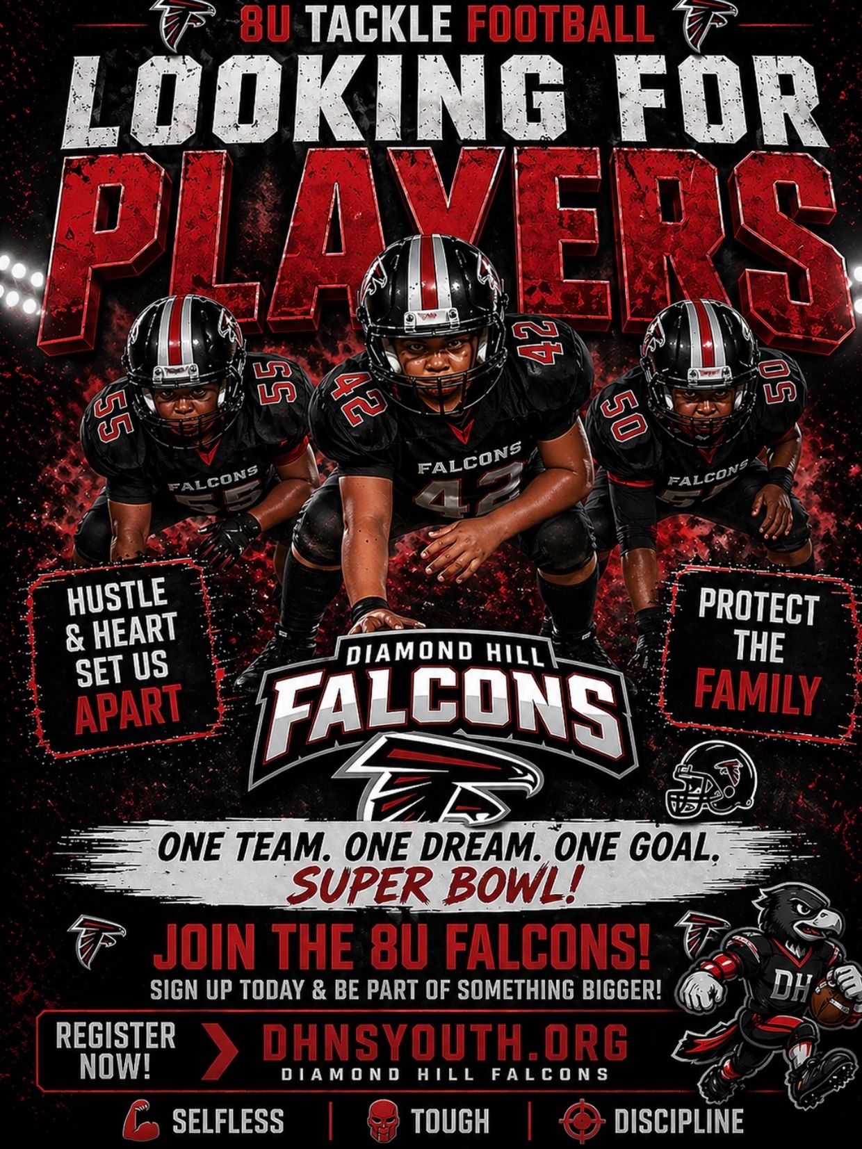 Diamond Hill Falcons 8U football team recruiting players for the Super Bowl.