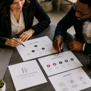 Two professionals reviewing business strategy and funding documents at a meeting.