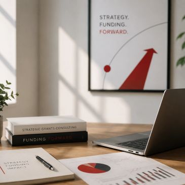 Workspace with strategy books, laptop, and financial charts focused on growth.