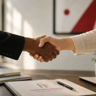 Two people shaking hands over a business agreement document.